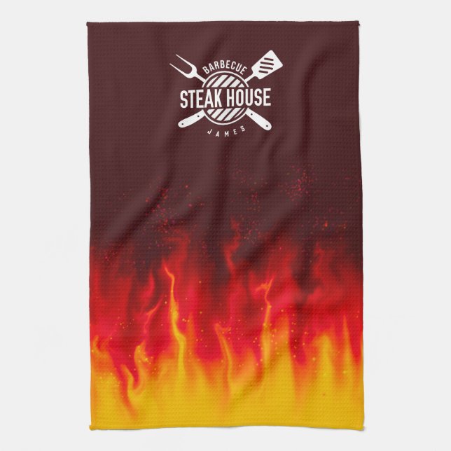Fiery BBQ Kitchen Flames — Custom Steak House Tea Towel (Vertical)