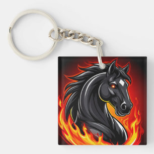 Fiery Black Horse Illustration with Glowing Eyes Key Ring