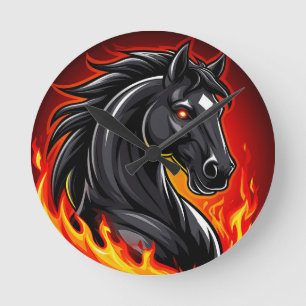 Fiery Black Horse Illustration with Glowing Eyes Round Clock