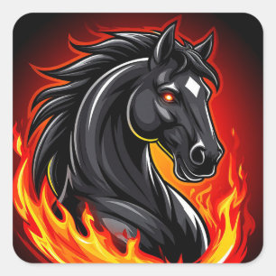 Fiery Black Horse Illustration with Glowing Eyes Square Sticker