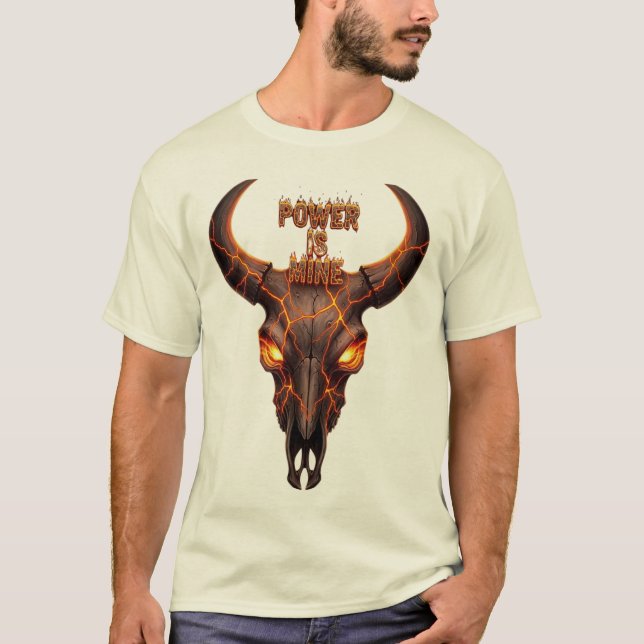 Fiery Bull Skull "Power Is Mine" – Lava Effect Gra T-Shirt (Front)