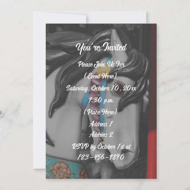 Fiery Carousel Horse Black And White Party Invitation (Front)