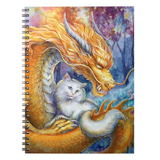 Fiery Chinese Dragon & White Cat in Magic Forest Notebook (Front)