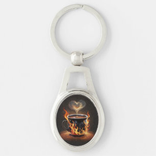 Fiery Christmas Coffee Cup with Heart Steam Art Key Ring