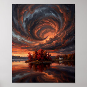 Fiery Copper Sunset & Storm Clouds Painting Poster