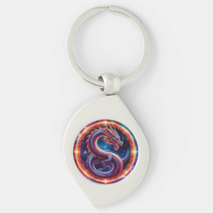Fiery Cosmic Dragon Encircled by a Celestial Ring Key Ring