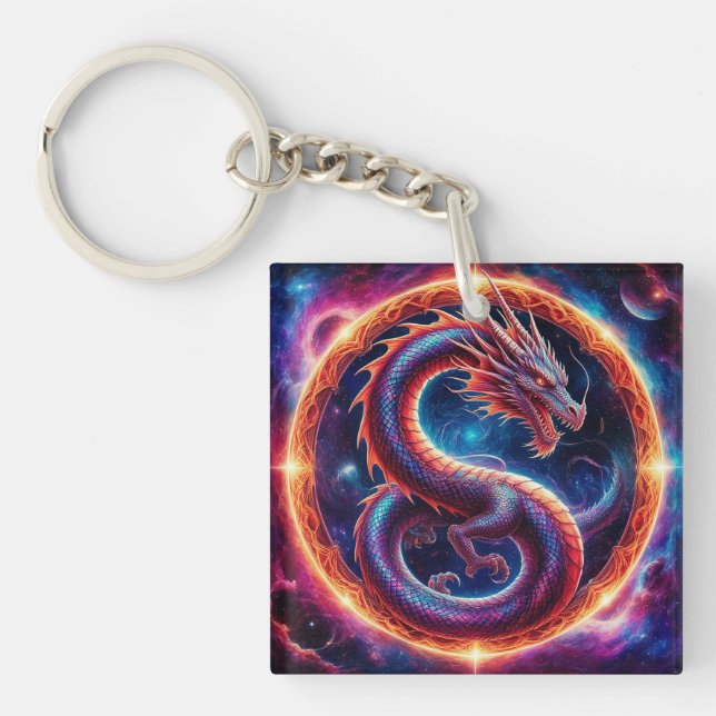 Fiery Cosmic Dragon Encircled by a Celestial Ring Key Ring (Front)