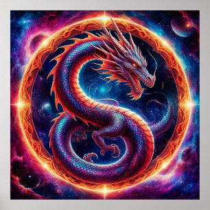 Fiery Cosmic Dragon Encircled by a Celestial Ring Poster
