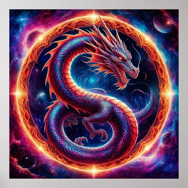 Fiery Cosmic Dragon Encircled by a Celestial Ring Poster (Front)