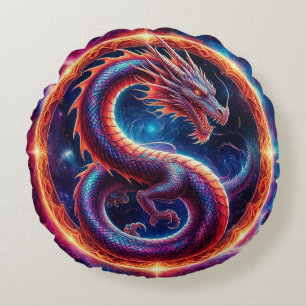 Fiery Cosmic Dragon Encircled by a Celestial Ring Round Cushion