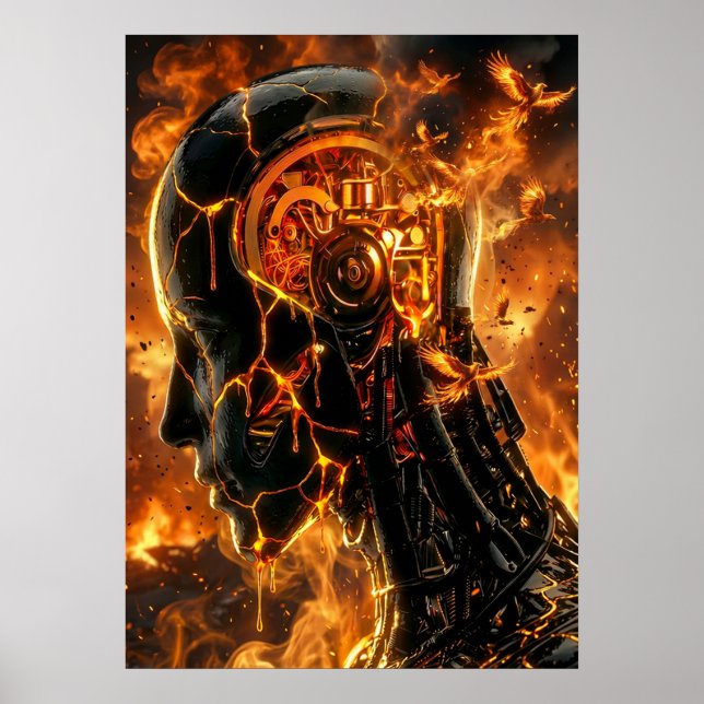 Fiery Cybernetic Phoenix Cracked Robot Head Poster (Front)