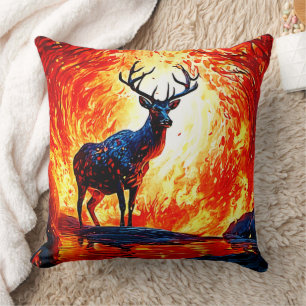 Fiery Deer Stance-Crimson Stag Scene Cushion