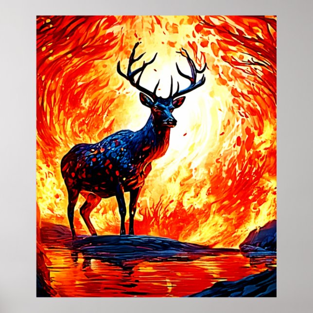 Fiery Deer Stance-Crimson Stag Scene Poster (Front)