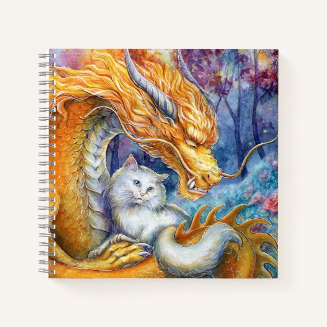 Fiery Dragon and White Cat in Mystical Forest Notebook (Front)