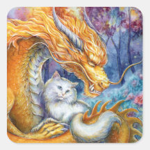 Fiery Dragon and White Cat in Mystical Forest
