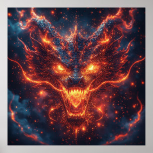 Fiery Dragon Head Radiating Intense Energy Poster