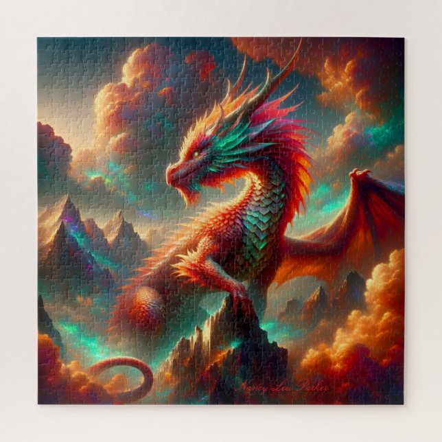 Fiery Dragon on Mountain Peak with Twilight Sky Jigsaw Puzzle (Vertical)