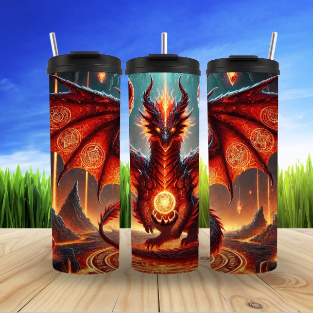 Fiery Dragon Over Molten Volcano Thermal Tumbler (Creator Uploaded)