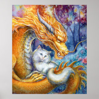 Fiery Dragon & White Cat in Forest Watercolor Art Poster