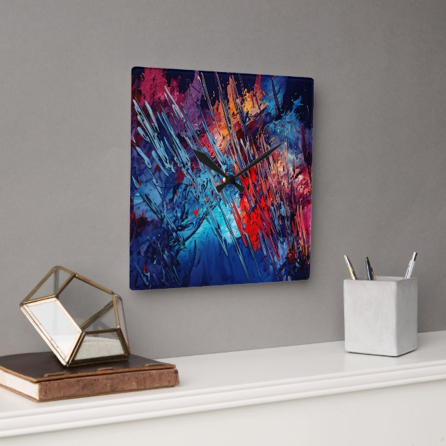 Fiery Drift Blue Red Contemporary Abstract Art Square Wall Clock (Office)