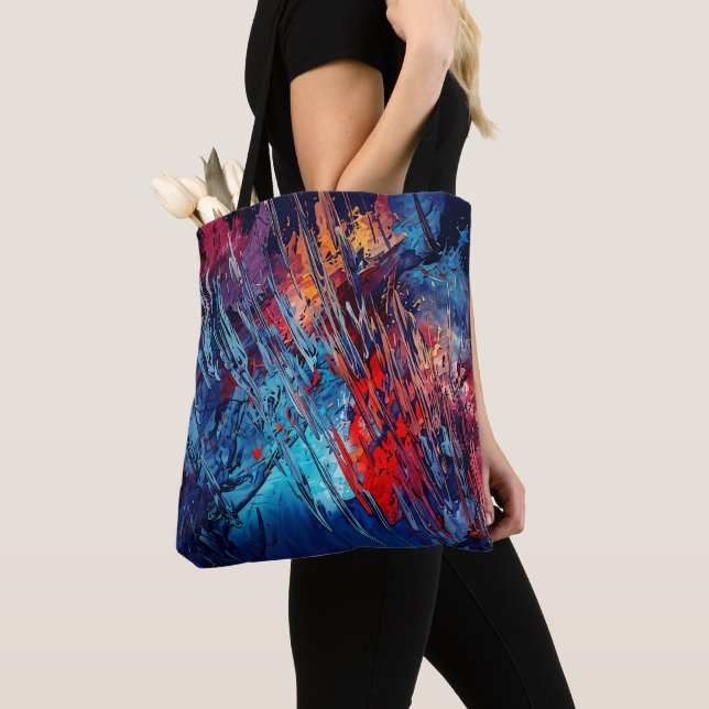 Fiery Drift Blue Red Contemporary Abstract Art Tote Bag (Close Up)