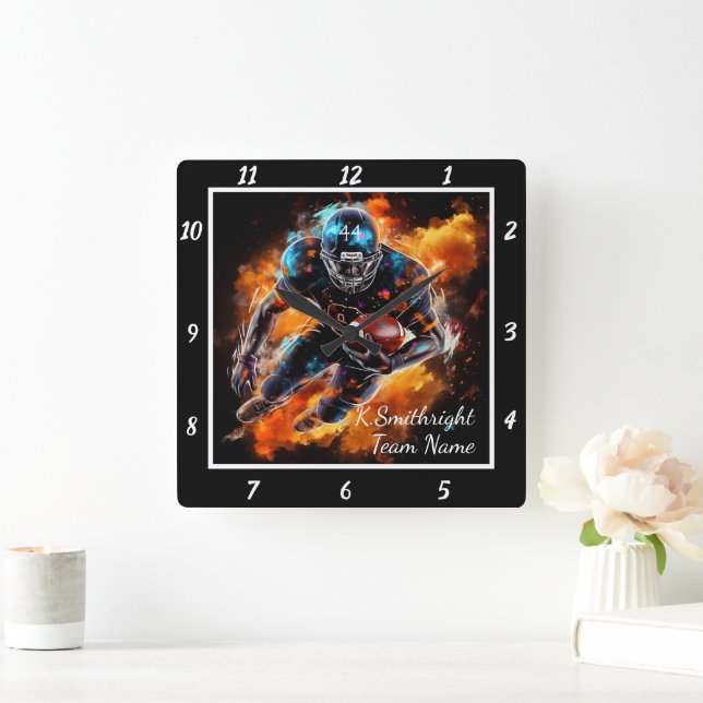 Fiery Football Action  Square Wall Clock (Home)