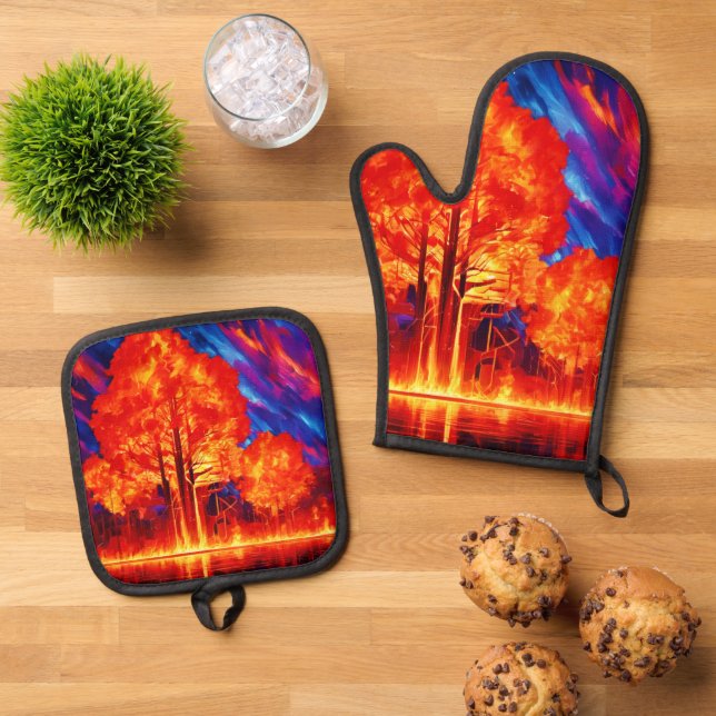 Fiery Forest Ablaze in Vivid Colours Oven Mitt & Pot Holder Set (Top Down)