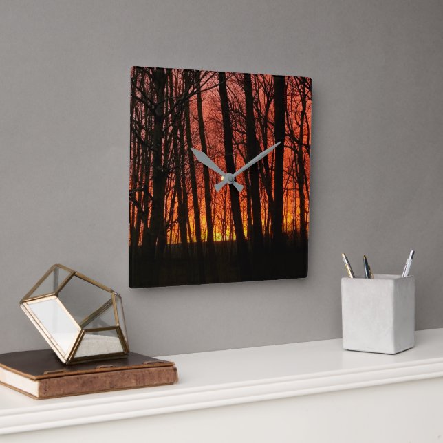 Fiery Forest Sunset Square Wall Clock (Office)