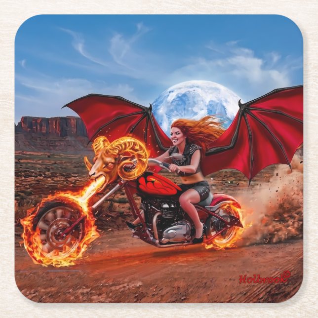 Fiery Foxella Vampire Biker Babe Square Paper Coaster (Front)