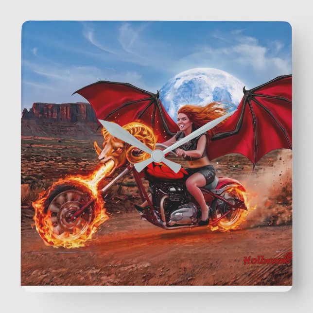 Fiery Foxella Vampire Biker Babe Square Wall Clock (Front)