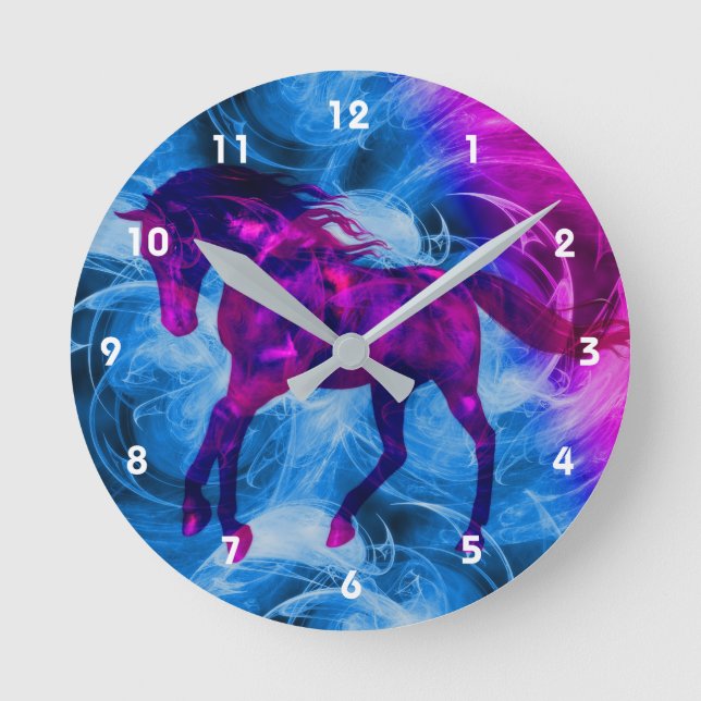 Fiery Galloping Black Horse Animal Art Round Clock (Front)