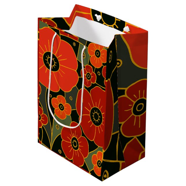 Fiery Garden – Stylised Poppy Bloom Medium Gift Bag (Front Angled)