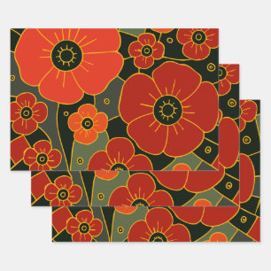 Fiery Garden – Stylised Poppy Bloom Wrapping Paper Sheet