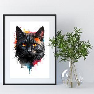 Fiery Gaze Black Cat Watercolor Animal Wall Art