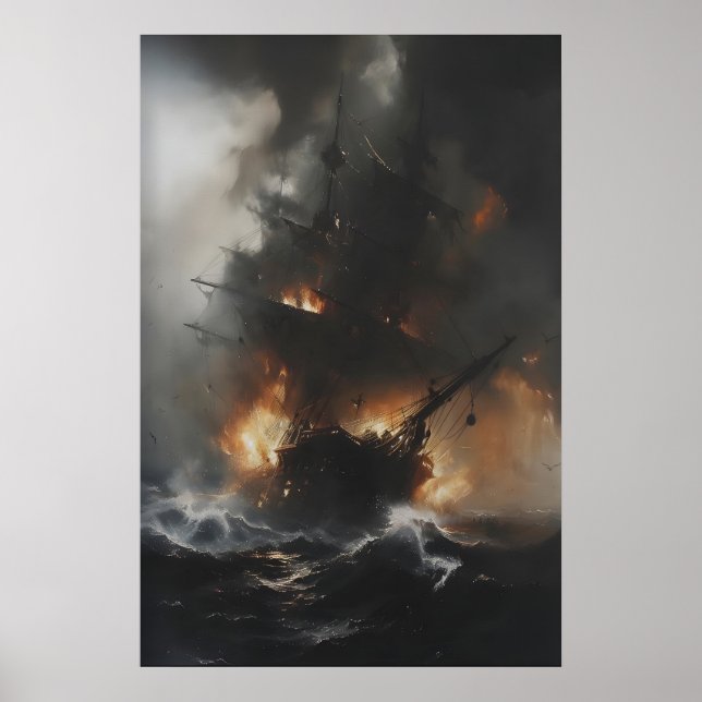 Fiery Ghost Ship at Sea Art, Dark Nautical Wall Poster (Front)
