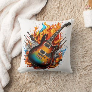 Fiery guitar amid flames and shadows cushion