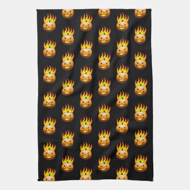 Fiery Halloween Pumpkin Face Tea Towel (Vertical)