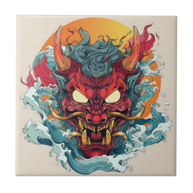 Fiery Hannya Japanese Mask Ceramic Tile (Front)