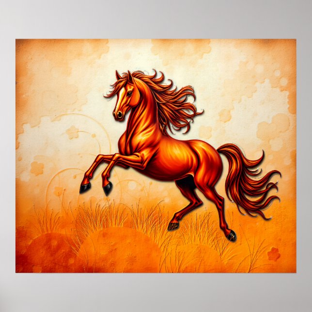 Fiery Horse Leaps, Orange Gold, Artistic Grunge  Poster (Front)