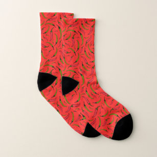 Fiery Hot Red and Green Chili Pepper Spice Pattern Socks