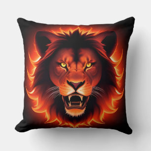 Fiery Lion Face With Glowing Mane Cushion