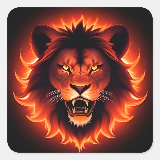 Fiery Lion Face With Glowing Mane Square Sticker (Front)
