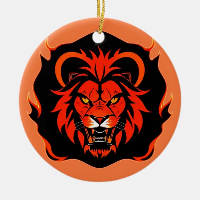 Fiery Lion Head Illustration Ceramic Ornament (Front)
