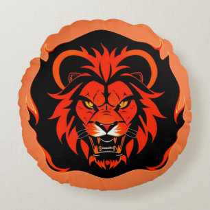 Fiery Lion Head Illustration Round Cushion