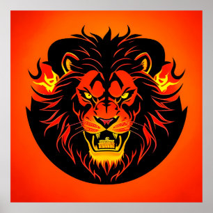 Fiery Lion Illustration Surrounded by Flamboyant Poster