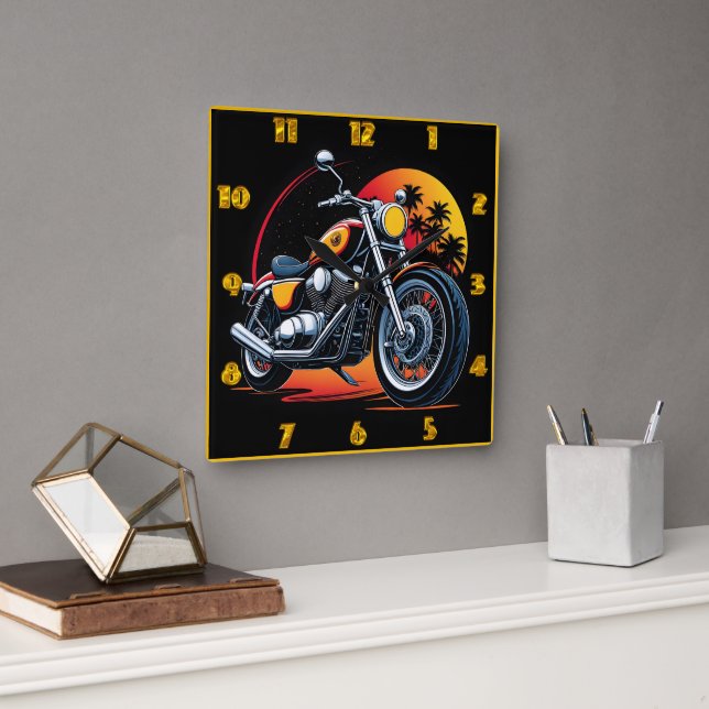 Fiery motorcycle against a tropical sunset skyline square wall clock (Office)