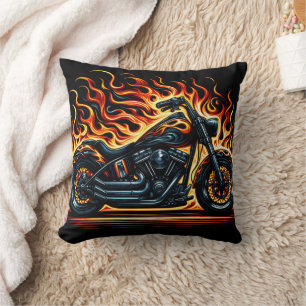 Fiery motorcycle blazing against a dark backdrop cushion