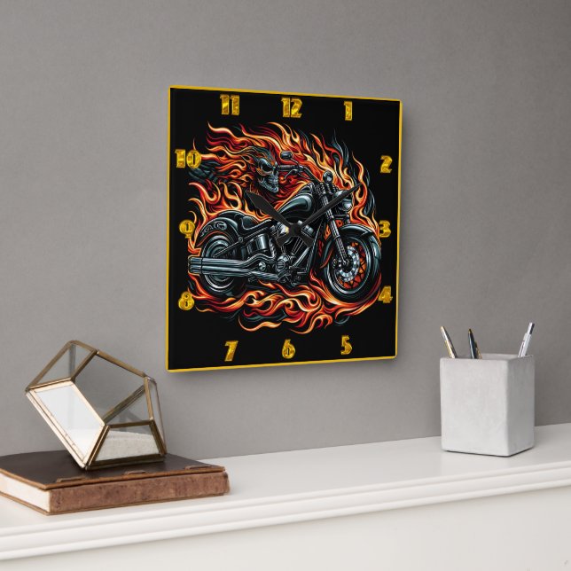 Fiery motorcycle blazing through darkened streets square wall clock (Office)