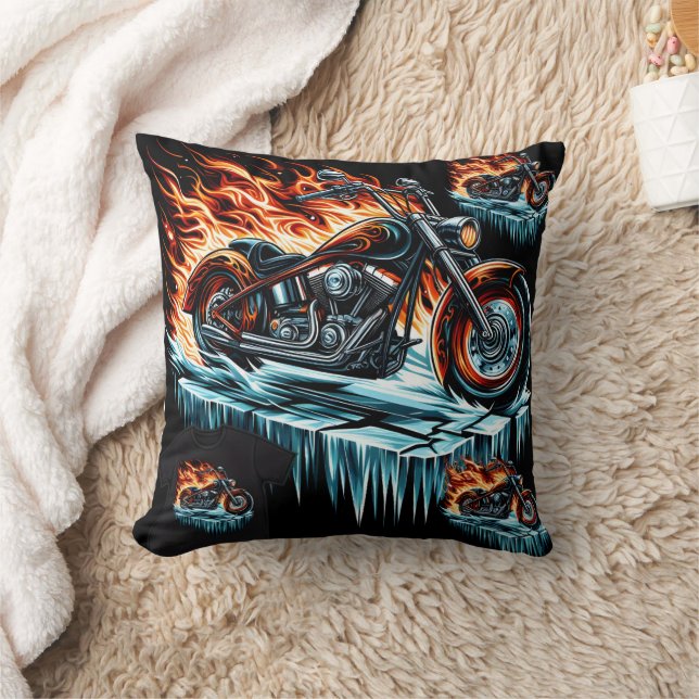 Fiery motorcycle on a frozen surface at dusk cushion (Blanket)