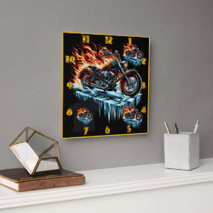 Fiery motorcycle on a frozen surface at dusk square wall clock
